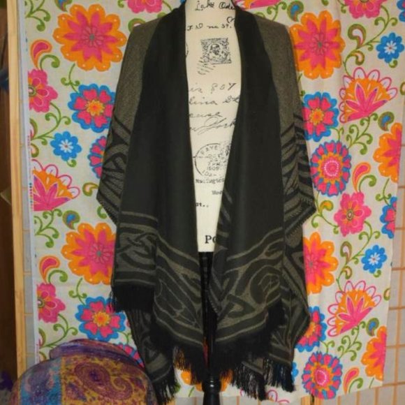 Jackets & Blazers - Wool Ecuadorian Poncho Cape Drape Wrap OS Dark Brown Peasant Cardi Cover Cape